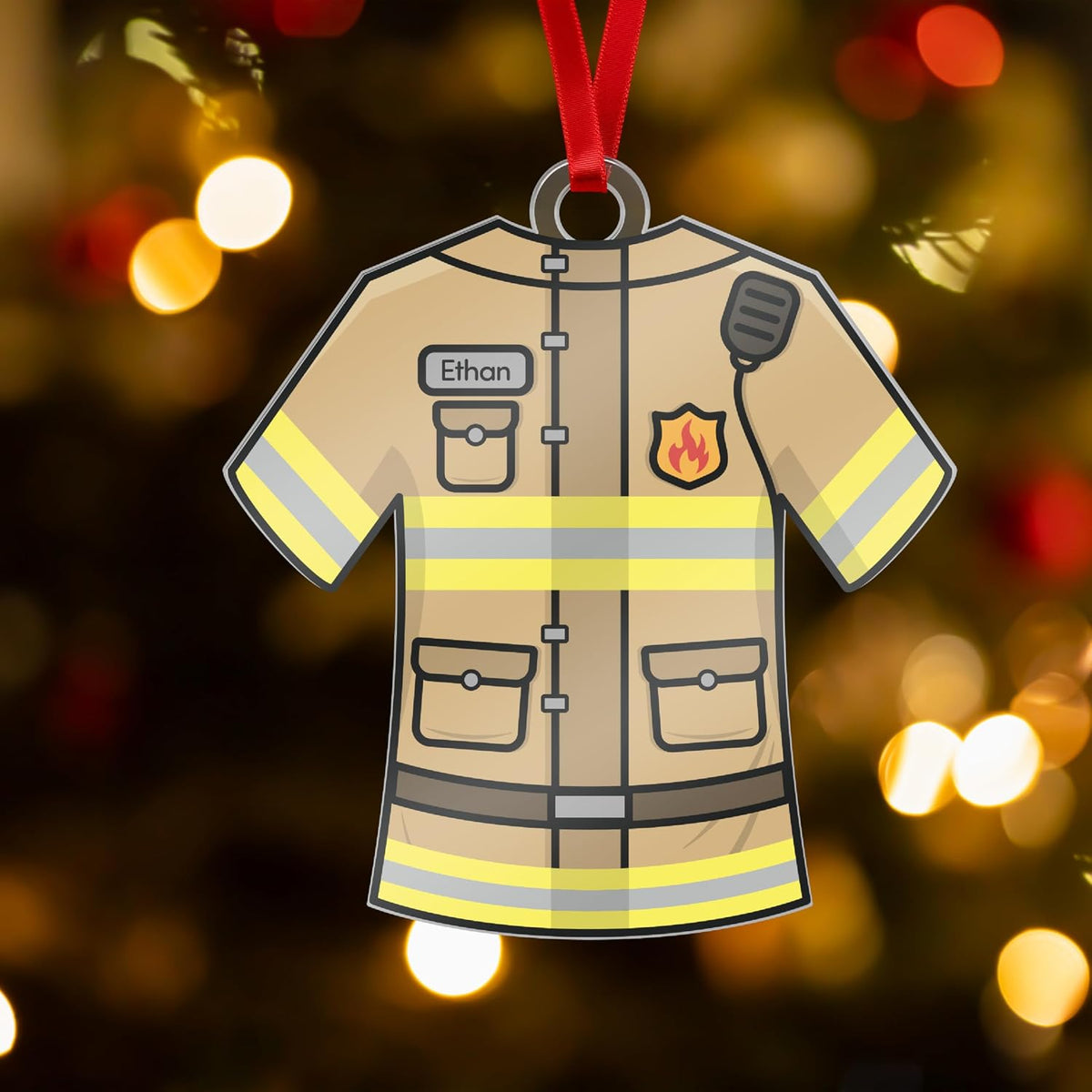 Personalized Firefighter Uniform Ornament – Custom Acrylic Christmas Keepsake with Name on Tan Reflective Design – Fireman Gift for Family, Friends, Hero First Responder Tree Decoration