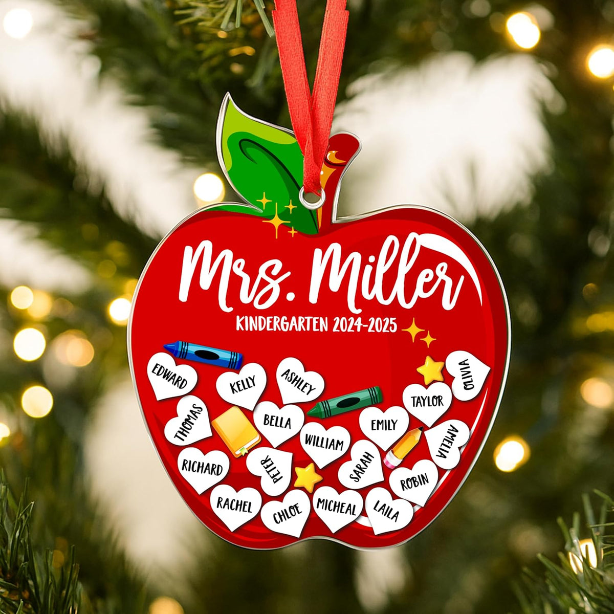 Personalized Teacher Ornament Gift from Students - Custom Acrylic Hanging Decoration with Teacher & Kids Names - Christmas Tree Keepsake for End of Year, Appreciation, Back to School
