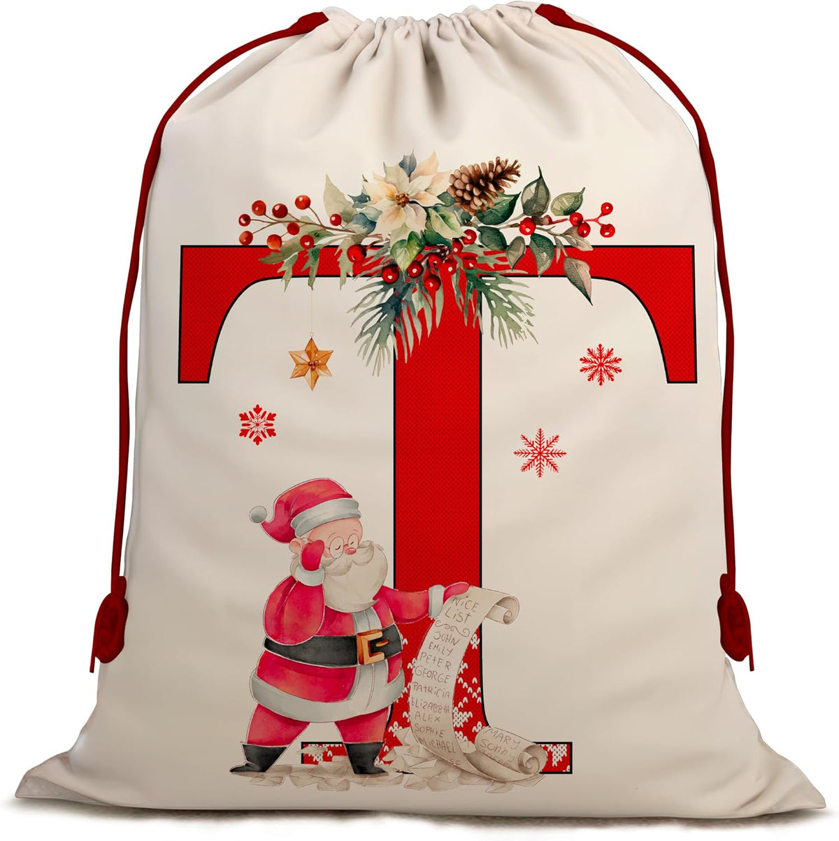 Christmas Gift Santa Sack with Monogram Initials - Holiday Present Bag for Family, Mom & Dad - Pouch for Special Occasions (T)