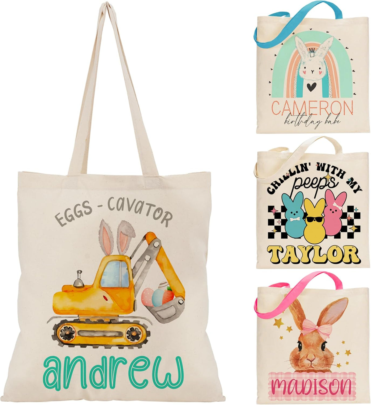 Personalized Easter Tote Bag with Name, Custom Canvas Bunny Egg Hunt Gift