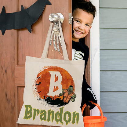 Custom Name & Initials Halloween Canvas Tote Bags - Personalized Trick or Treat Bag with Pumpkin, Skeleton, Ghost - Reusable 15x16" Gift Bag for Halloween Parties & Daily Use