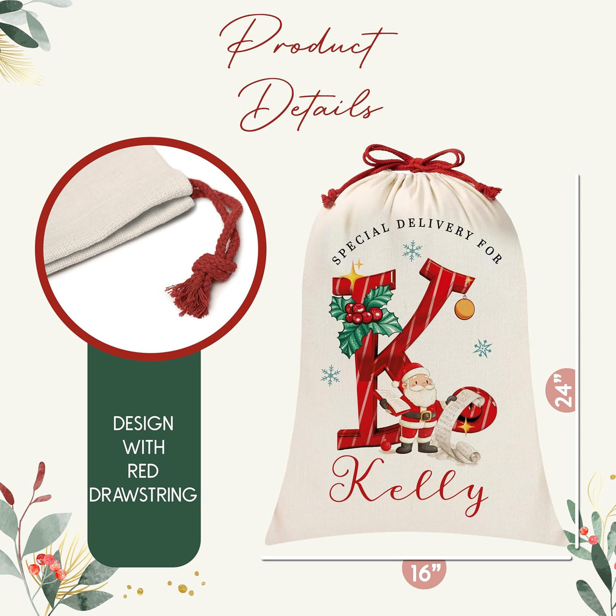 Personalized Christmas Santa Sack with Name, Custom Monogram Holiday Pouch