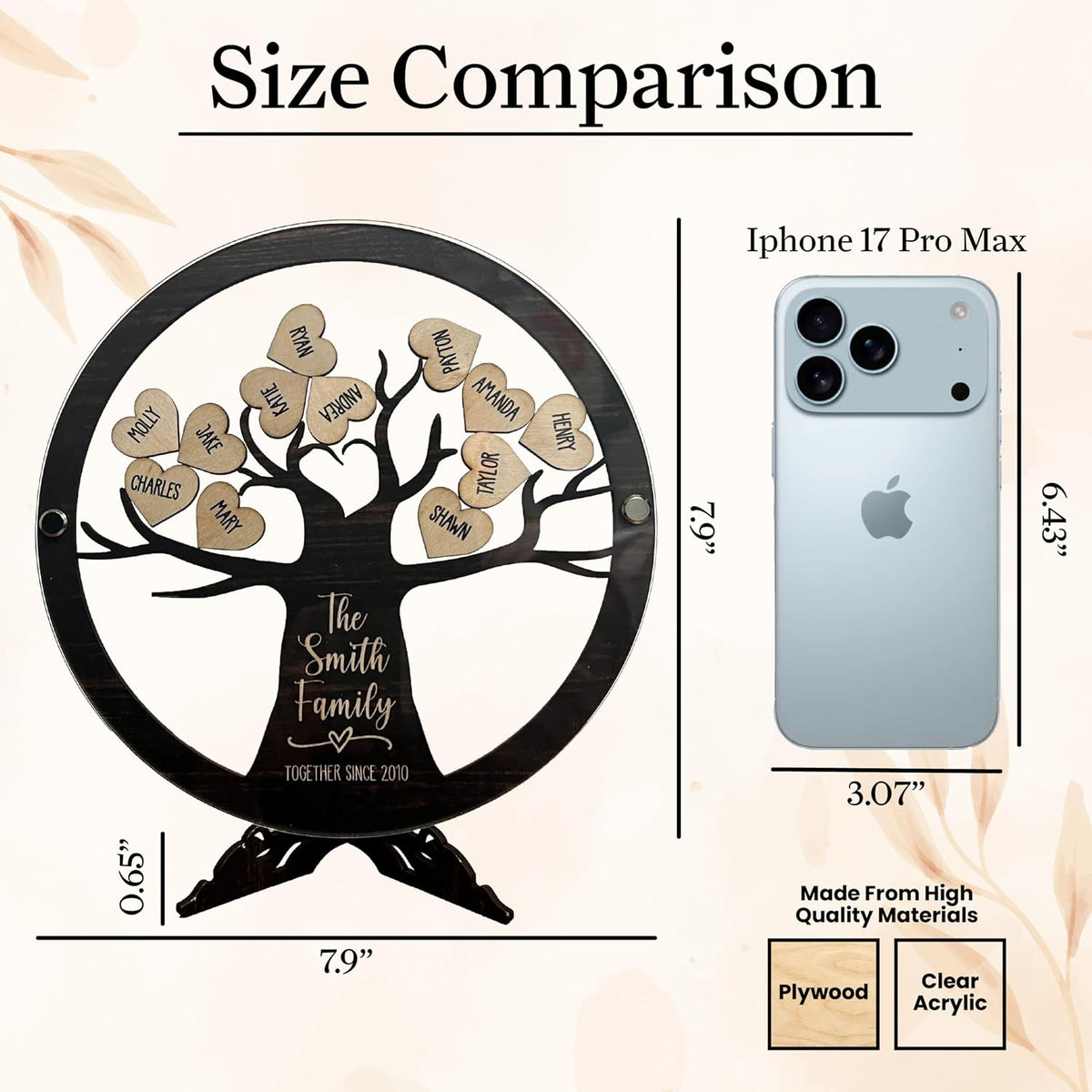 Personalized Family Tree Name Sign with Wooden Hearts – Custom Printed Acrylic & Wood Round Plaque with Stand – Unique Gift for Parents, Grandparents, Anniversary, Christmas, or Home Décor