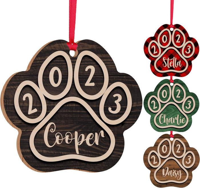 Personalized Dog Paw Christmas Ornament with Pet Name, Custom Xmas Gift Tag