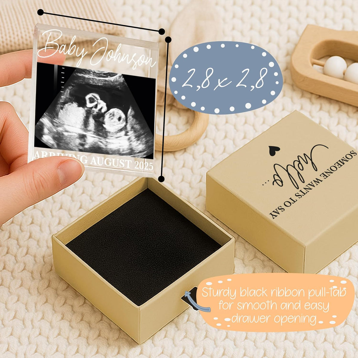Pregnancy Announcement Keepsake – Personalized Ultrasound Sonogram Drawer Box with “Someone Wants to Say Hello” – Custom Acrylic Photo Frame with Baby Name & Due Date – Baby Shower & Grandparent Gift