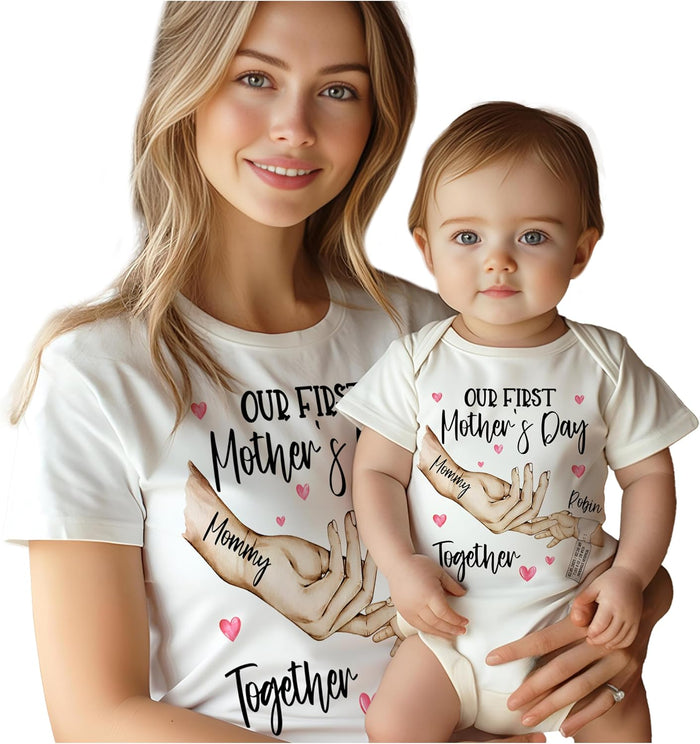 Personalized Clasping Hands Design Our First Mother’s Day Matching Shirt & Bodysuit Set - Custom Mom and Baby Girl Outfit - Customized Mommy and Baby Boy Matching T-Shirts