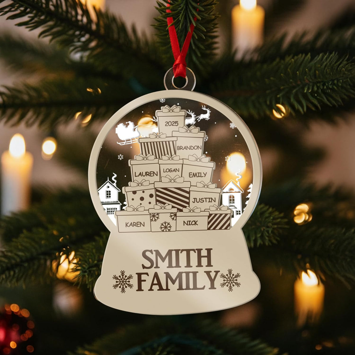 Personalized Family Ornament - Custom Snow Globe with Names on Presents - Acrylic Xmas Tree Decoration for Family, Friends, Kids - Add Up to 10 Names & Year - Holiday Keepsake