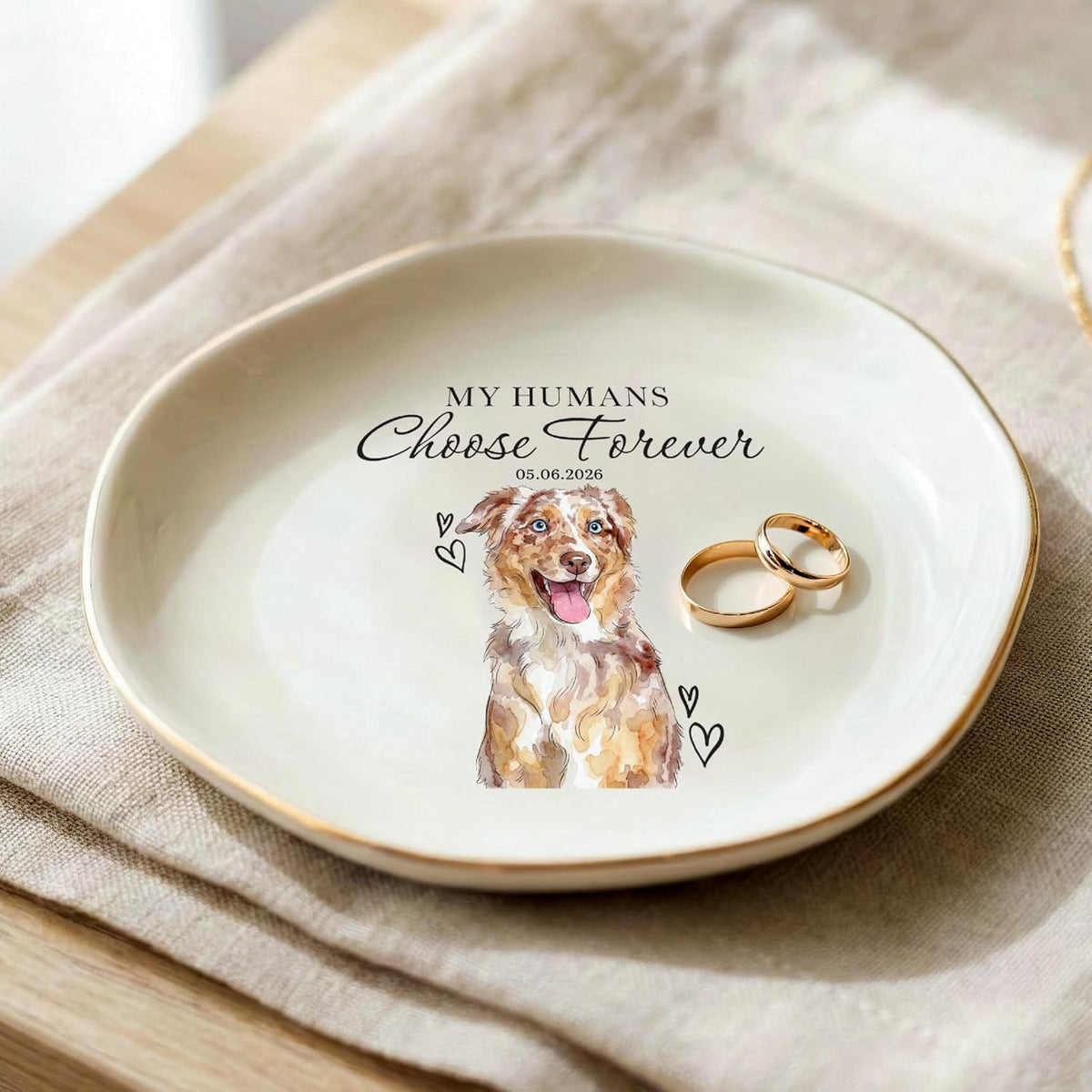 Engagement Ring Dish, Personalized Wedding Ring Holder with Pet Portrait, My Humans Are Getting Married Date Dish, Proposal Gift for Couple, Bridal Shower Decor, Valentine’s Day Anniversary