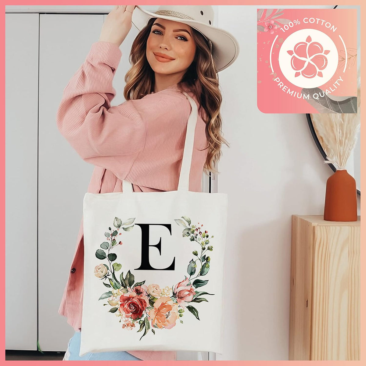 Floral Initial Tote Bag for Women - Personalized Canvas Bag for Bridesmaid Gifts - Monogrammed Aestetic Teacher Totes Bags (Initial #P)