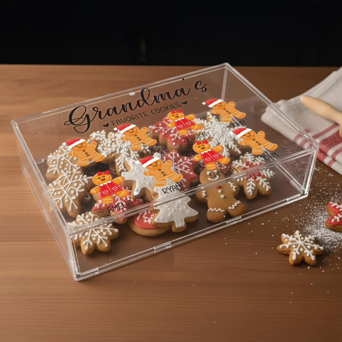 Tailored Moments Goods Personalized Christmas Cookie Box, Custom Acrylic Treat Container with Names & Gingerbread Icons, Grandma’s Favorite Cookies Storage Bin, Holiday Gift for Grandkids & Family