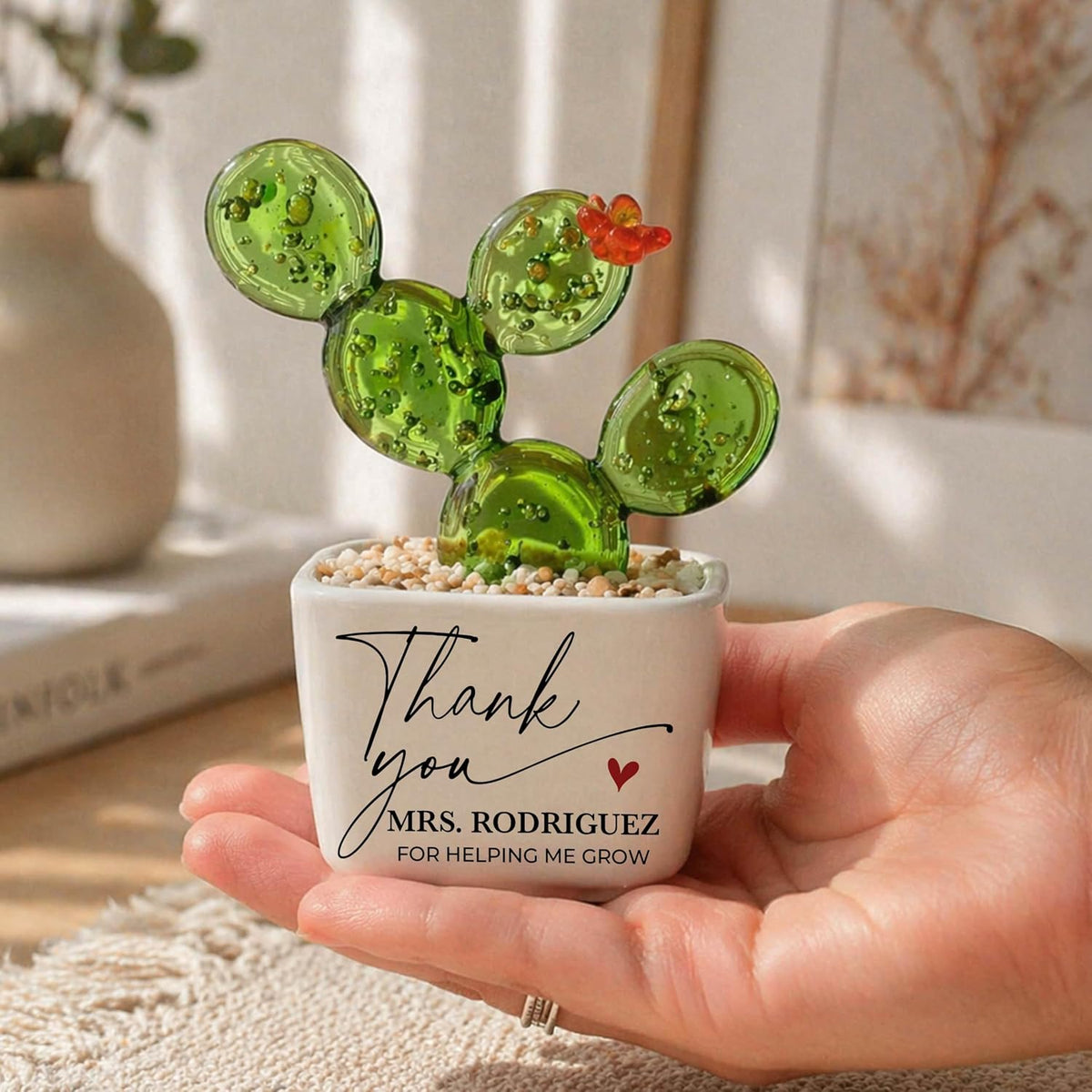 Custom Teacher Appreciation Gift, Handmade Glass Flower Plant in Personalized Ceramic Pot, Thank You for Helping Me Grow, Unique End of Year Teacher Gift from Student, Keepsake Desk Decor