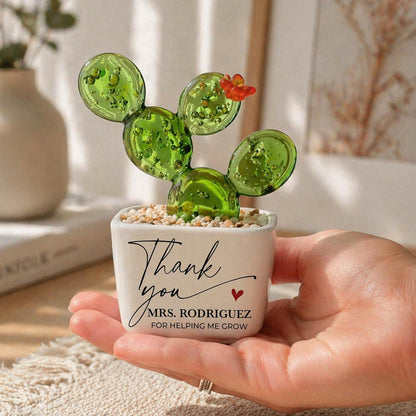 Custom Teacher Appreciation Gift, Handmade Glass Flower Plant in Personalized Ceramic Pot, Thank You for Helping Me Grow, Unique End of Year Teacher Gift from Student, Keepsake Desk Decor