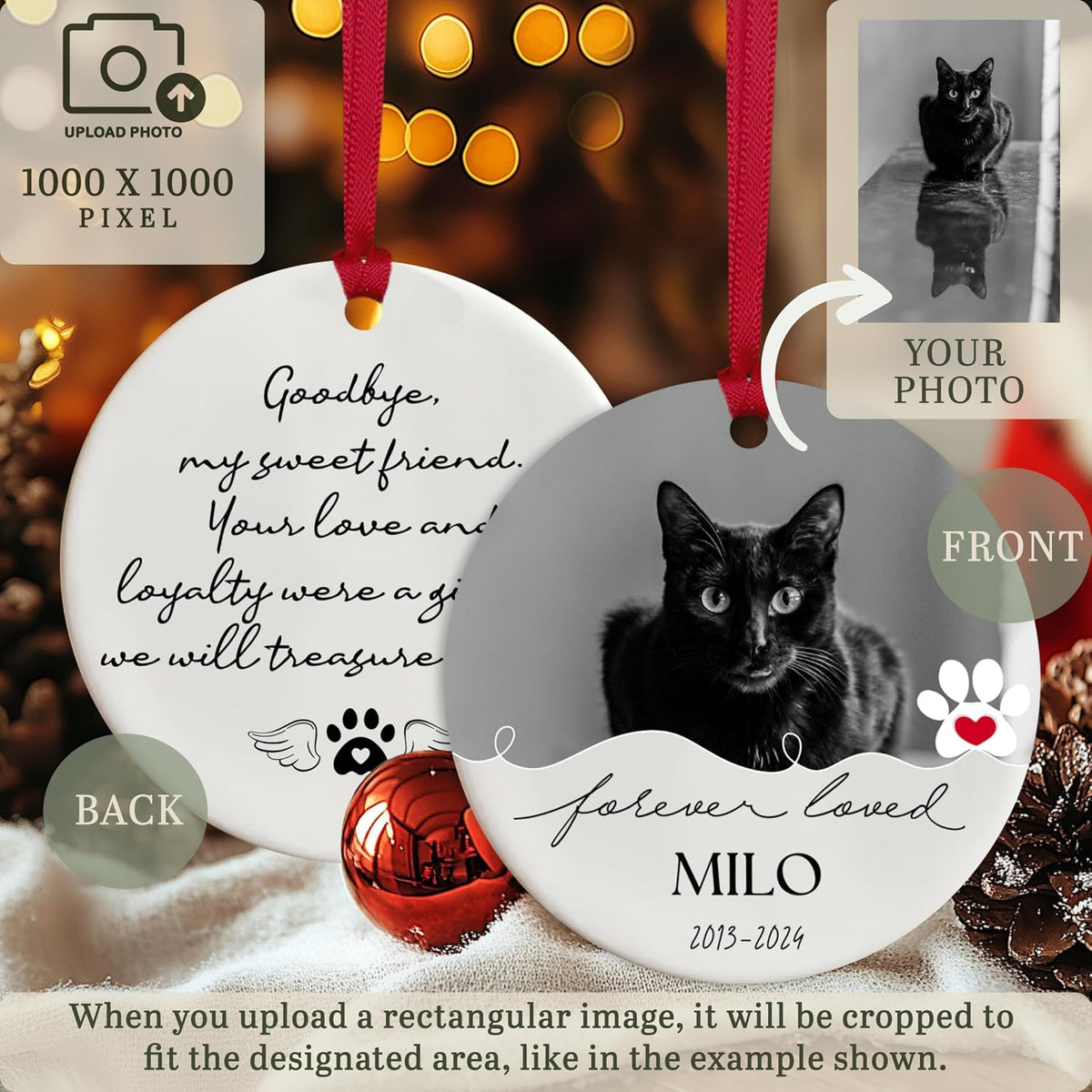 Personalized Pet Photo Christmas Ornament, Custom Dog Cat Memorial Keepsake