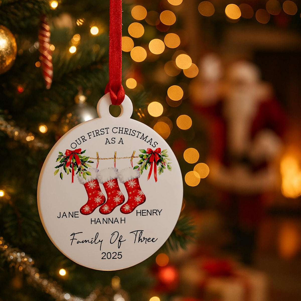 Personalized First Christmas Family Ornament 2025 with Custom Names & Stockings - Acrylic Tree Decoration for Couples or Families of 2 to 7 - Holiday Keepsake Gift for New Parents, Baby, Home Decor