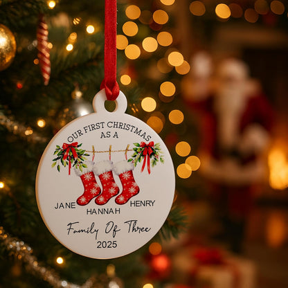 Personalized First Christmas Family Ornament 2025 with Custom Names & Stockings - Acrylic Tree Decoration for Couples or Families of 2 to 7 - Holiday Keepsake Gift for New Parents, Baby, Home Decor