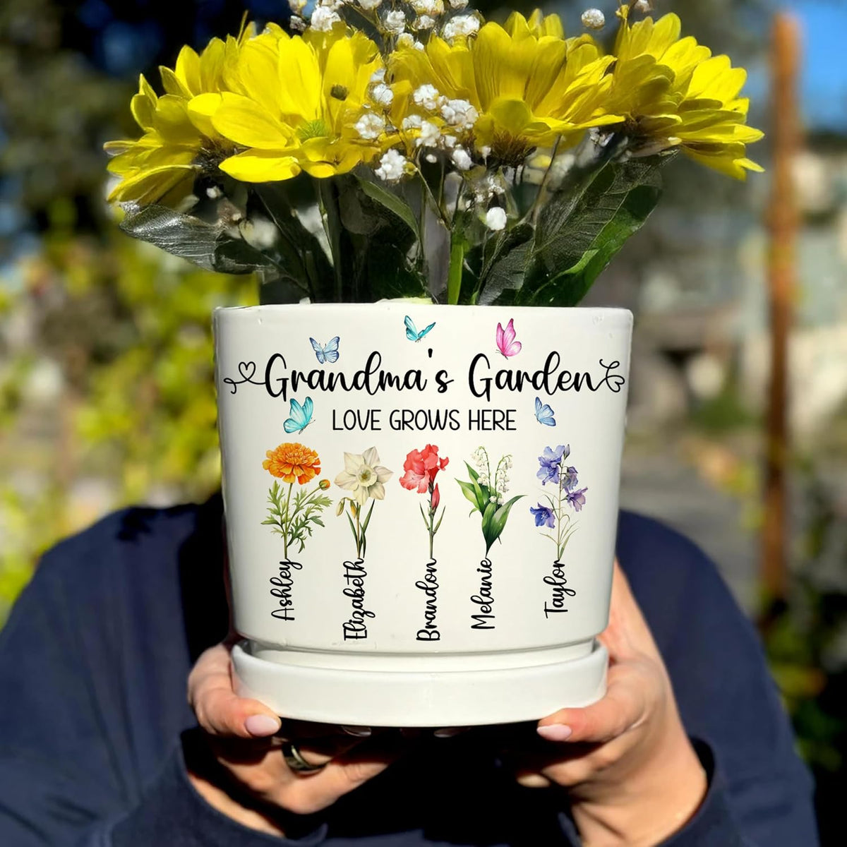 Personalized Grandma's Garden Planter with Birth Month Flowers, Custom Gift