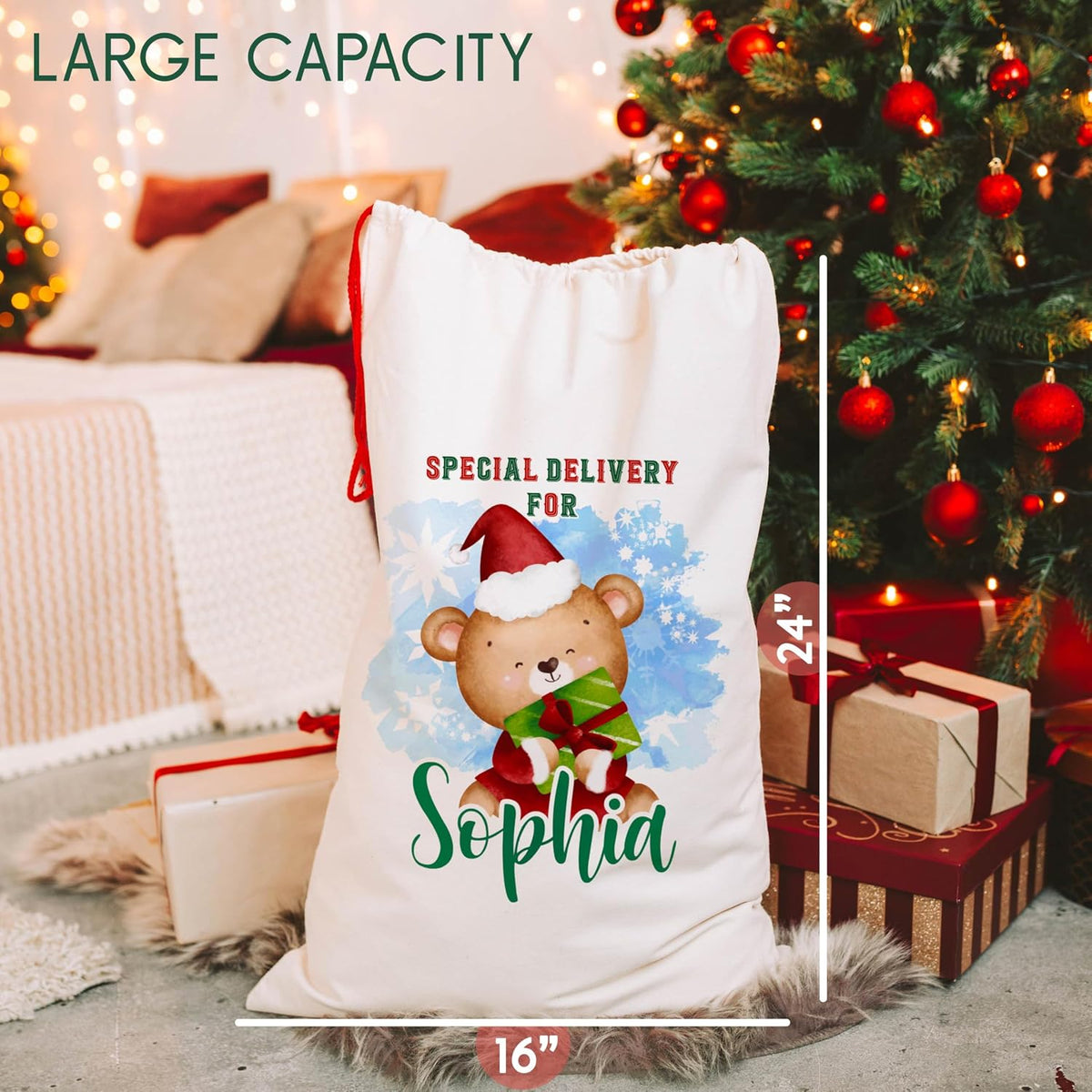 Personalized Christmas Santa Sack with Names, Custom Drawstring Gift Pouch