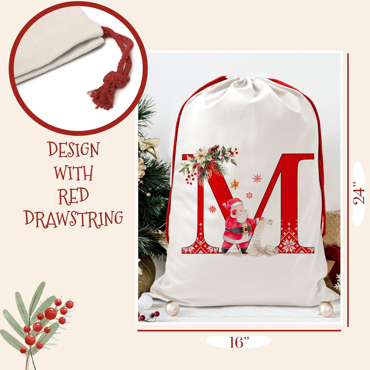 Christmas Gift Santa Sack with Monogram Initials - Holiday Present Bag for Family, Mom & Dad - Pouch for Special Occasions (H)