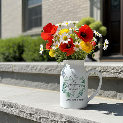 Personalized Ceramic Pitcher Vase, Floral Wreath Design Jug for Mom, Grandma, or Couple, Printed Flower Design, Thoughtful Gift for Mother’s Day, Wedding, Anniversary, Christmas or Home Décor Keepsake