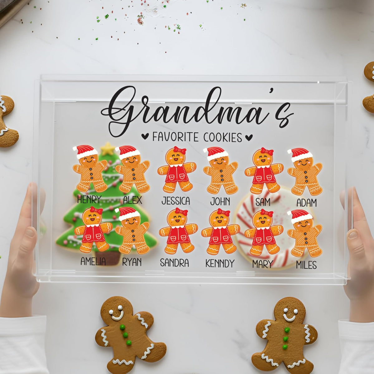 Tailored Moments Goods Personalized Christmas Cookie Box, Custom Acrylic Treat Container with Names & Gingerbread Icons, Grandma’s Favorite Cookies Storage Bin, Holiday Gift for Grandkids & Family