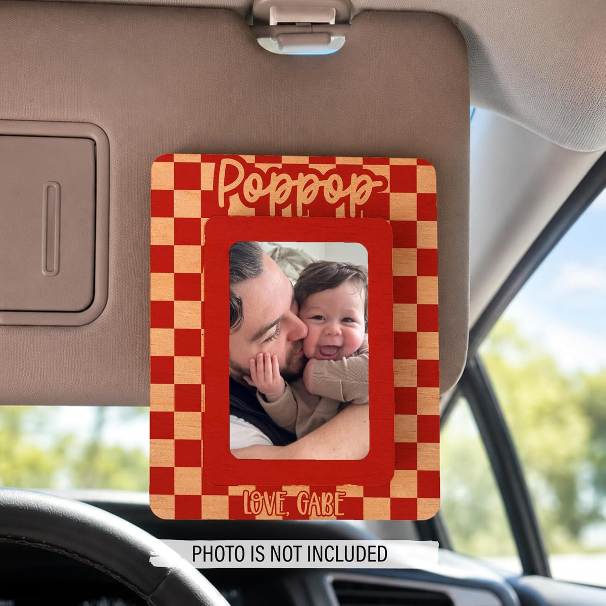 Father's Day Car Visor Photo Frame Personalized, Custom Dad Picture Holder Clip, Buffalo Plaid 2x3 Mini Frame for Truck Accessories, Magnet Back Option for Fridge, Gift from Kids for Grandpa