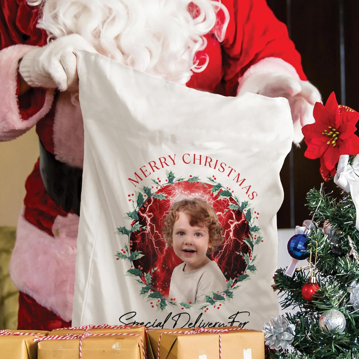 Personalized Christmas Santa Sack with Photo and Name, Custom Holiday Gift