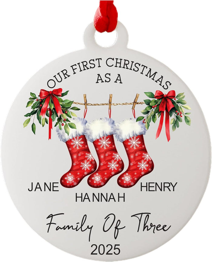 Personalized First Christmas Family Ornament 2026 with Custom Names & Stockings - Acrylic Tree Decoration for Couples or Families of 2 to 7 - Holiday Keepsake Gift for New Parents, Baby, Home Decor