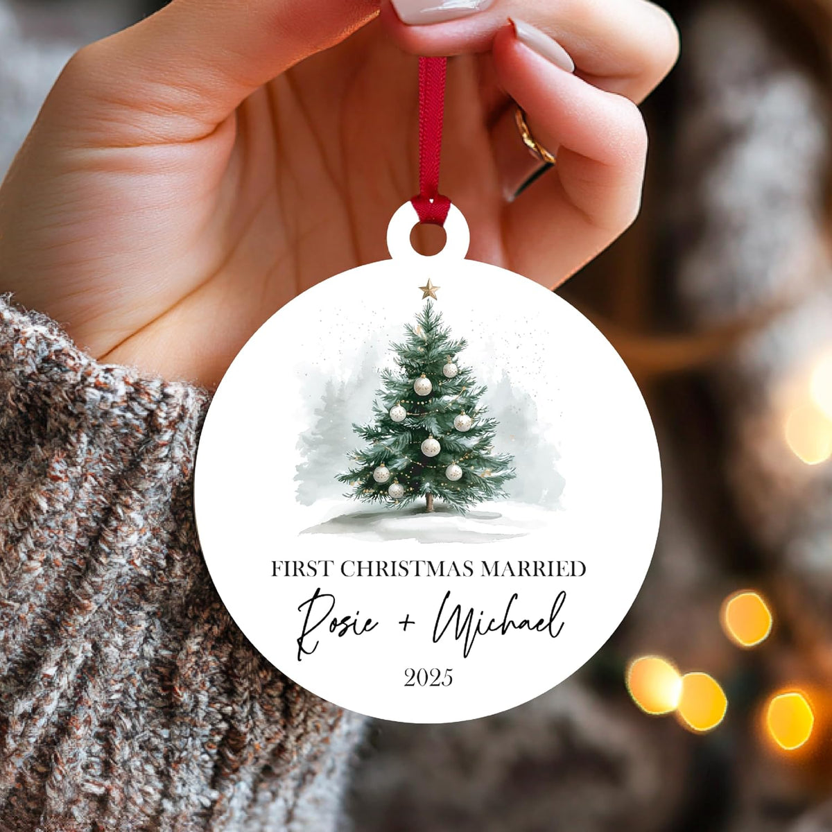 Custom Ceramic Christmas Ornaments with Photo & Names - Personalized First Married Christmas - Unique for Husband & Wife with Picture - Merry Christmas Tree Present