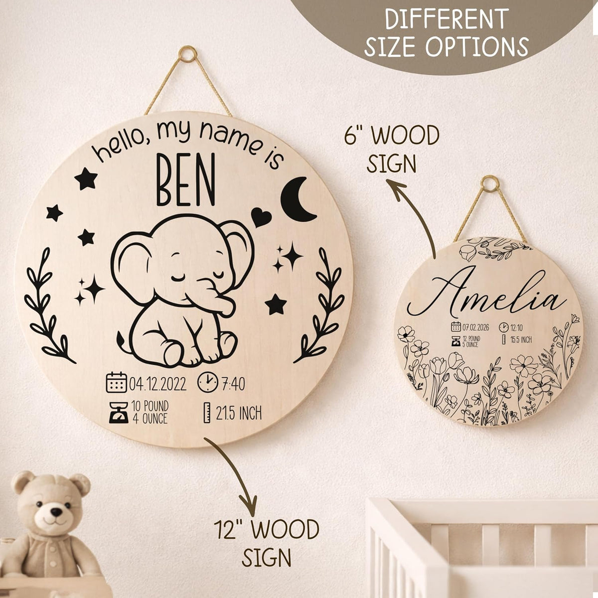 Personalized Baby Birth Announcement Wood Sign with Name Date Time Weight Height – Custom Nursery Name Plaque for Newborn Boy or Girl – Baby Shower New Parents Keepsake Gift