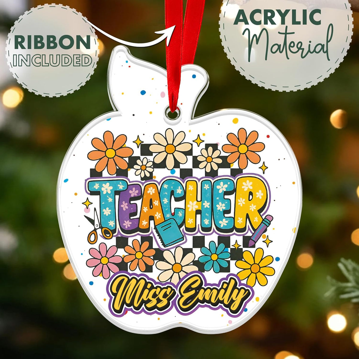 Personalized Teacher Apple Ornament - Custom Acrylic for Women & Men Educators with Name - Cute School Ornament for Classroom, End of Year, Teacher Appreciation, Back to School