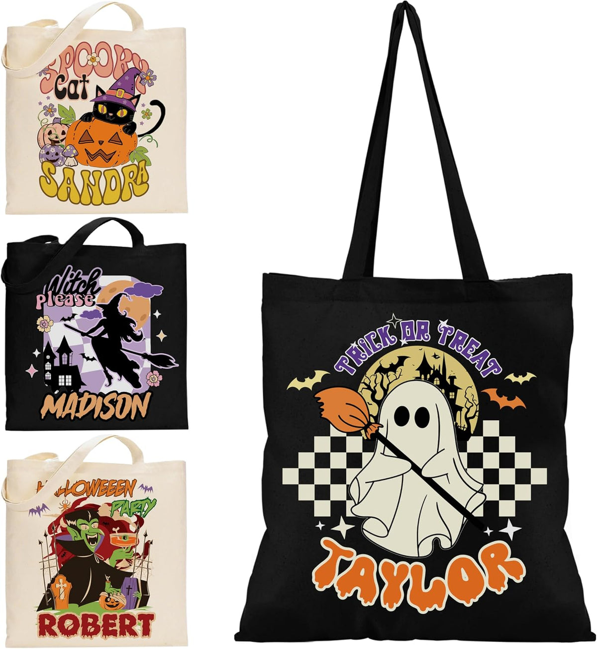 Personalized Halloween Canvas Tote Bag with Name, Custom Pumpkin Ghost Gift