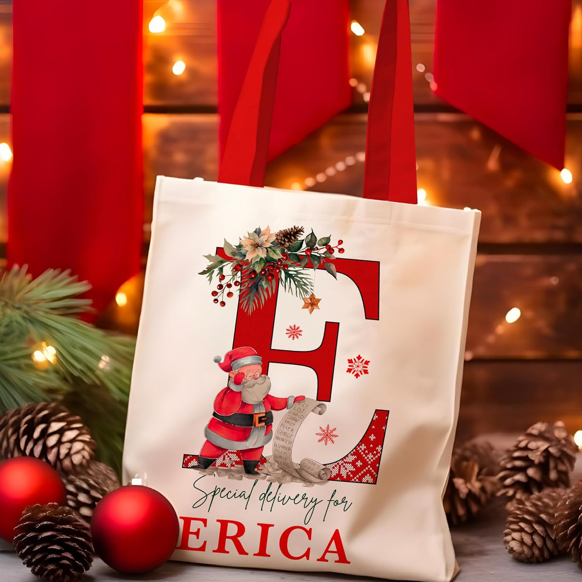 Personalized Initial Christmas Gift Bag, Custom Monogram Holiday Tote Sack