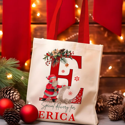 Personalized Initial Christmas Gift Bag, Custom Monogram Holiday Tote Sack