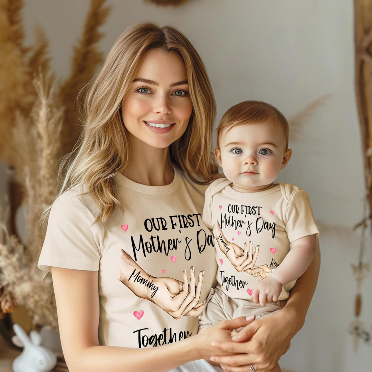 Zexpa Apparel Personalized Clasping Hands Design Our First Mother’s Day Matching Shirt & Bodysuit Set - Custom Mom and Baby Girl Outfit - Customized Mommy and Baby Boy Matching T-Shirts