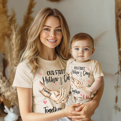 Zexpa Apparel Personalized Clasping Hands Design Our First Mother’s Day Matching Shirt & Bodysuit Set - Custom Mom and Baby Girl Outfit - Customized Mommy and Baby Boy Matching T-Shirts