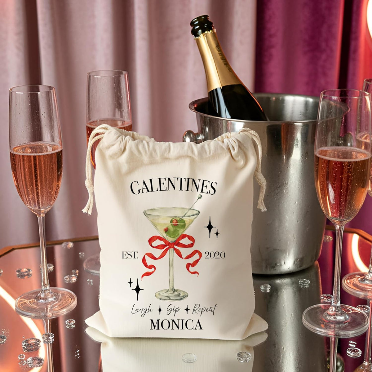 Personalized Cocktail Canvas Drawstring Bag for Girls Night, Galentine’s Day, or Bachelorette – Custom Name Group Pouch with Drink Design, Year & Text – Makeup Gift Bag for Bridesmaids & Friends