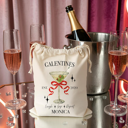 Personalized Cocktail Canvas Drawstring Bag for Girls Night, Galentine’s Day, or Bachelorette – Custom Name Group Pouch with Drink Design, Year & Text – Makeup Gift Bag for Bridesmaids & Friends
