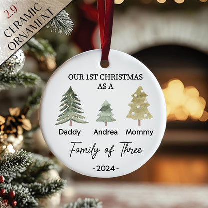 Custom 2025 Ceramic Ornaments - Personalized Monogrammed Name & Pine Tree Decorations - Holiday Keepsake with Year for Family of Three, Our First for Mommy & Daddy
