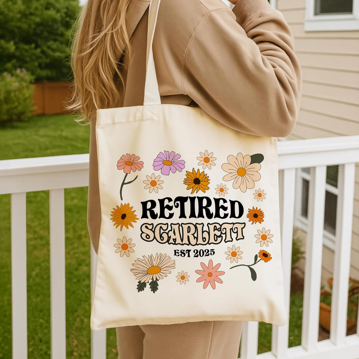 Personalized Retired Tote Bag with Name & Year - Custom Floral Canvas Shoulder Bag Gift for Retired Women, Teachers, Nurses, Coworkers - Retirement Party Favor, Funny Daily Use Bag 15x16 Inch