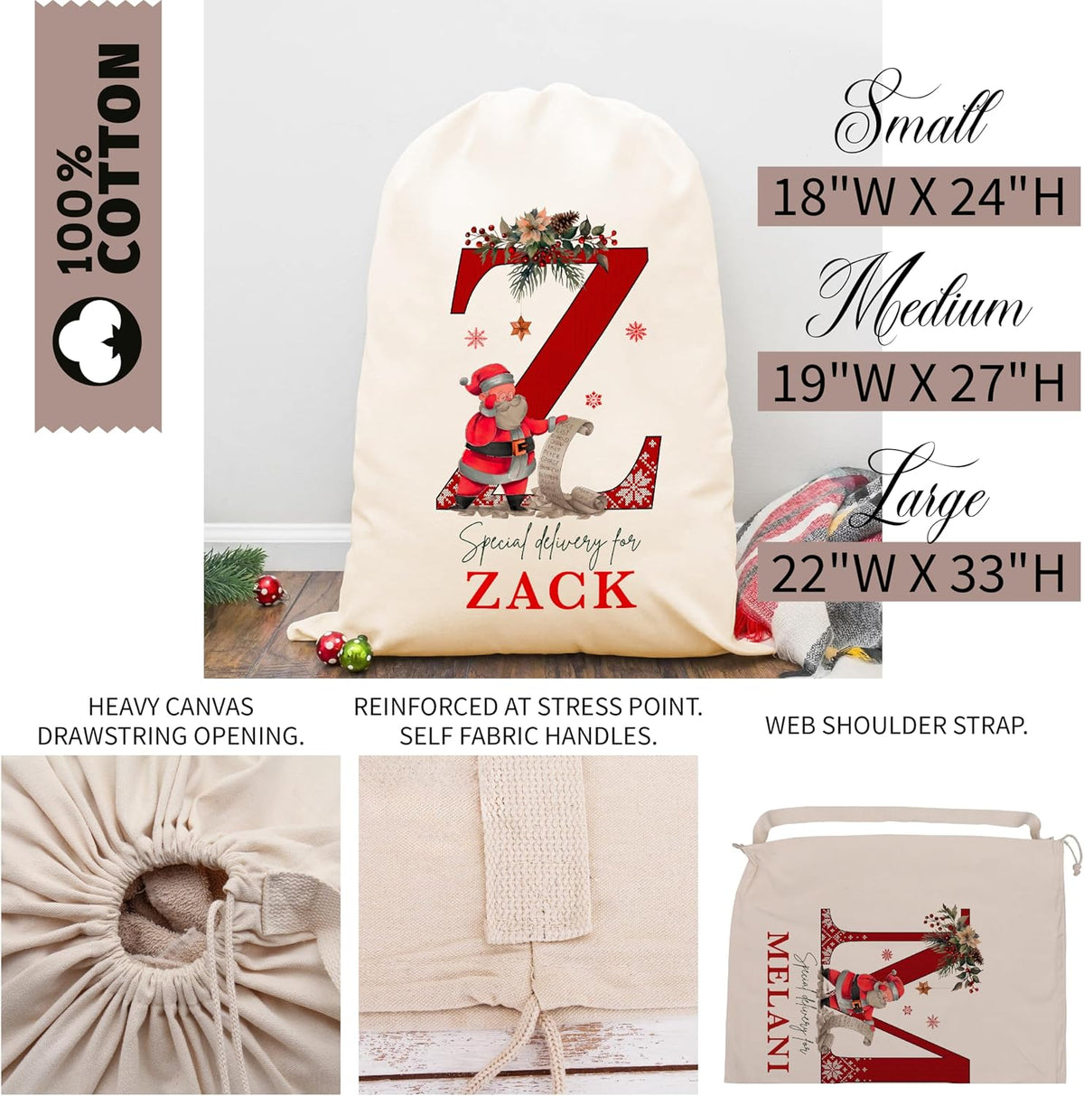 Customized Initial Santa Sack, Personalized Christmas Gifts Drawstring Pouch, Custom Monagrammed Xmas Gift Bag for Holiday Presents