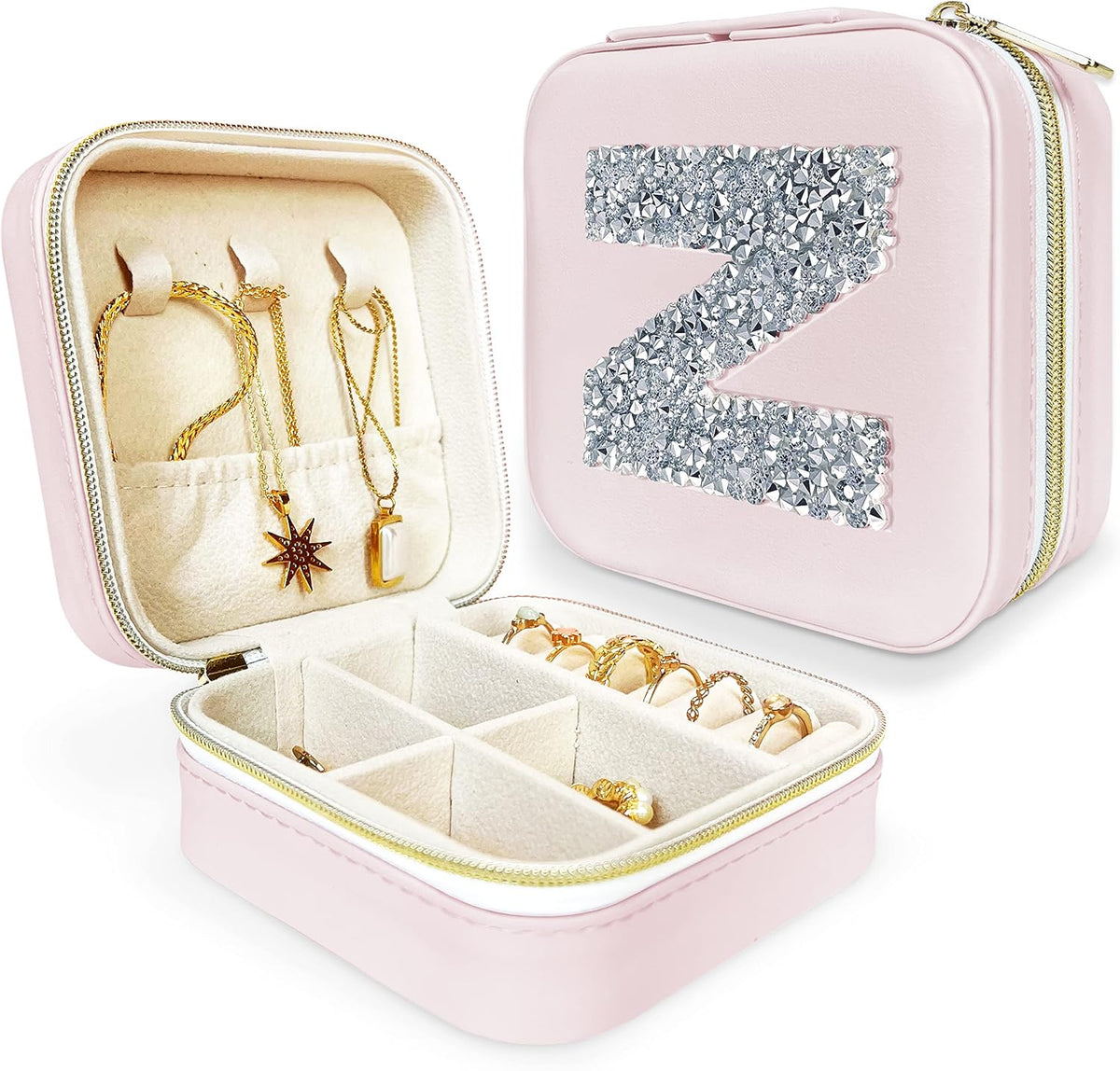 UNIQUE CUSTOM GIFTS Personalized Initial Jewelry Box Gifts for Women - White & Pink Colors Travel Organizer Case Girls Bridesmaid Gift (Pink #Z)