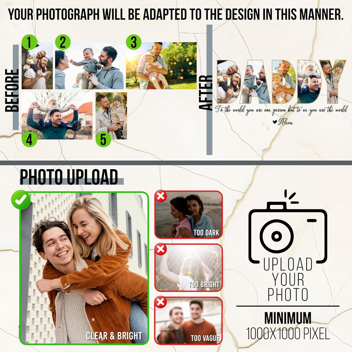 Personalized Father's Day Acrylic Photo Sign with Custom Text – Unique Christmas Gift for Dad, Grandpa, Papa – Custom Keepsake Plaque for Him from Kids – Clear Desktop or Shelf Home Décor