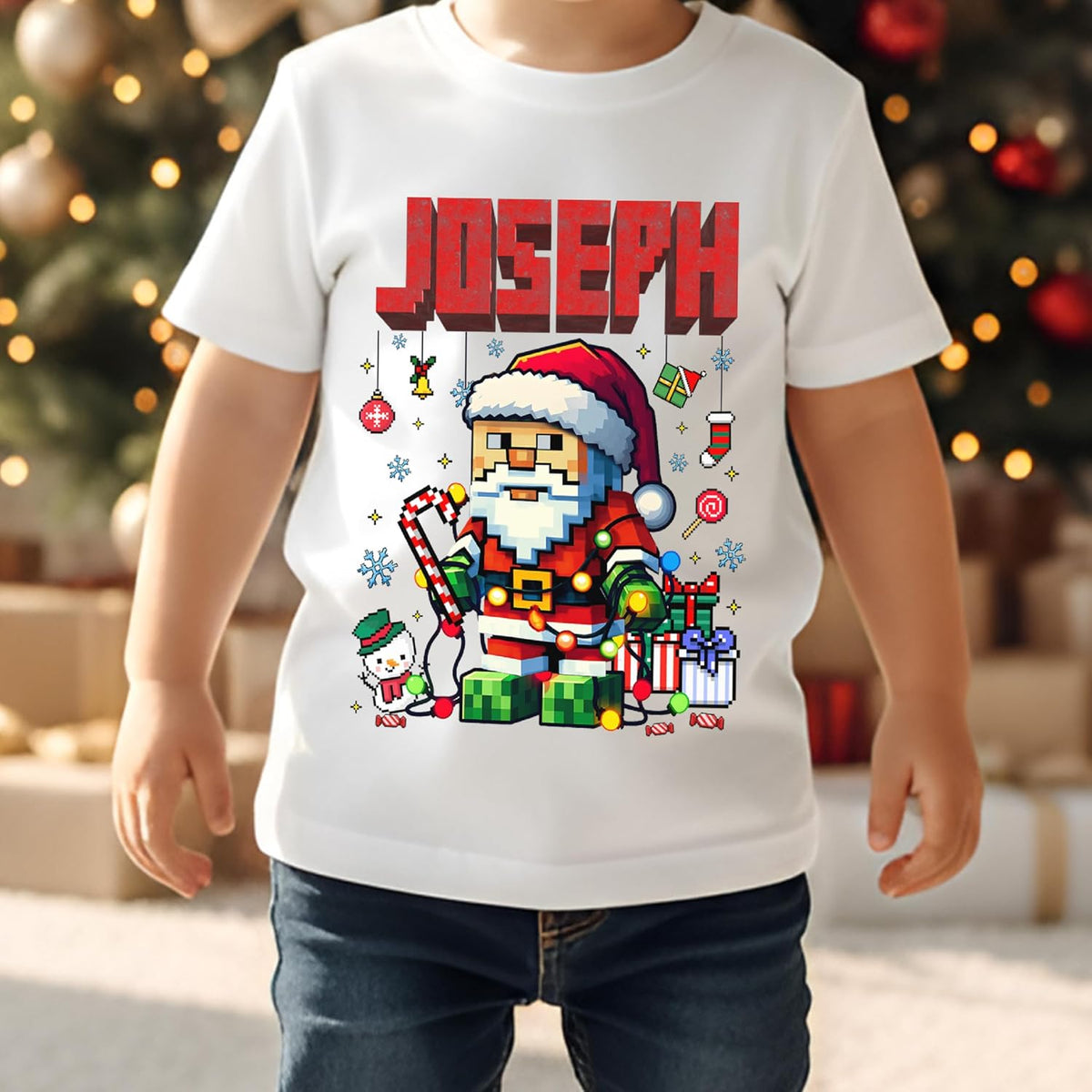 Personalized Santa Christmas T-Shirt for Kids & Toddlers - Custom Name Pixel Art Holiday Shirt - Unisex Cotton Tee for Boys & Girls - Cute Xmas Gift for Family, Grandkids, Occasion Wear Black