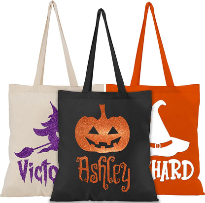 Personalized Name Halloween Canvas Tote Bags - Custom Trick or Treat Bag with - Gift Bag for Halloween Parties & Everyday Use