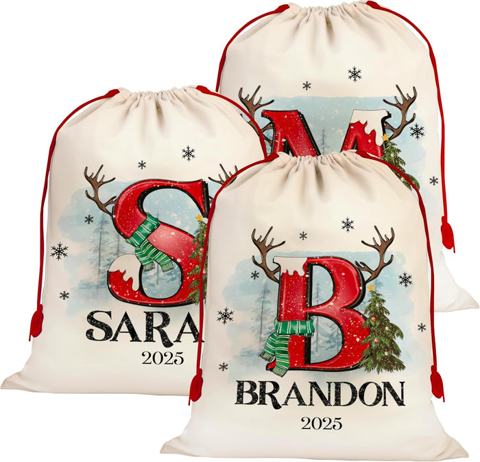 Personalized Christmas Santa Sack, Custom Name & Initial Gift Bag with Reindeer Antlers and Snow Design, Large 24x16 Drawstring Present Bag for Kids, Adults, Family Holiday Decoration