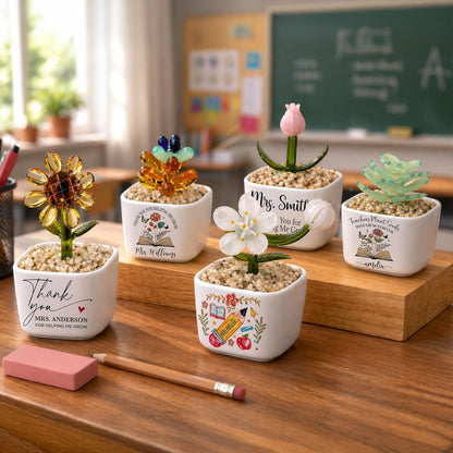 Custom Teacher Appreciation Gift, Handmade Glass Flower Plant in Personalized Ceramic Pot, Thank You for Helping Me Grow, Unique End of Year Teacher Gift from Student, Keepsake Desk Decor