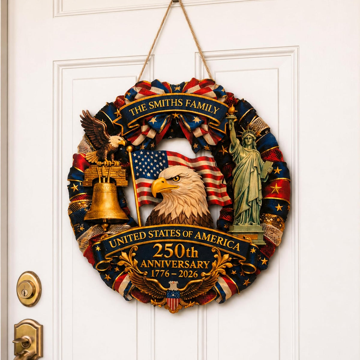 4th of July Front Door Wreath Personalized Family Name, USA 250th Anniversary 1776-2026, Patriotic Door Decor, American Flag Eagle Liberty Bell Sign, Independence Day Gift for Home