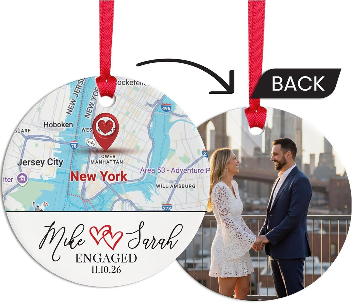 Personalized Map Ornament – Where It All Began Location Ornament with Couple Names & Date and Photo on Back – Custom Engagement, Where We Met, First Christmas & Anniversary Keepsake Gift for Couples