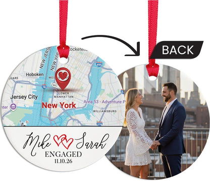 Personalized Map Ornament – Where It All Began Location Ornament with Couple Names & Date and Photo on Back – Custom Engagement, Where We Met, First Christmas & Anniversary Keepsake Gift for Couples