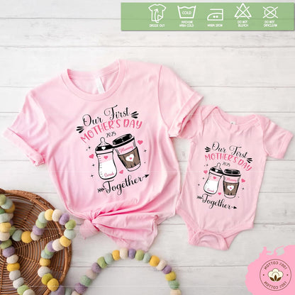 Personalized Mother and Baby Matching Shirt & Bodysuit Set - Custom Our First Mother’s Day 2025 Mommy and Baby Outfit - Customized Mom and Baby Matching T-Shirts in Multiple Colors